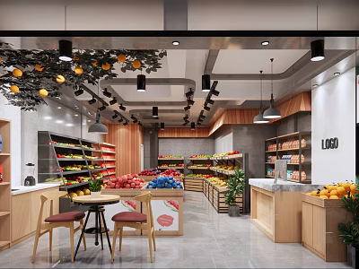 Fruit Store Interior With Fresh Fruits Wooden Shelves And Hanging Lights 3d model