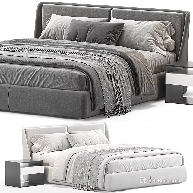 Modern Double Bed With Upholstered Headboard Gray White Bedding And Bedside Table 3d model 