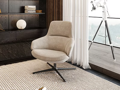 Beige Swivel Armchair in Modern Living Room With Striped Rug Wooden Bookshelf And Round Lamp 3d model