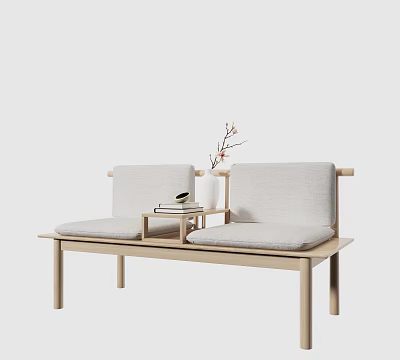 Modern Two Seater Sofa With Wooden Frame Light Gray Cushion Side Table And Flower Branch 3d model