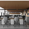 Modern Public Office Space With Desks Office Chairs Computers Hanging Lights And Bookshelves