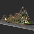 Curved Wave Like Garden Ornament With Green Plants Round Lights And Stone Base