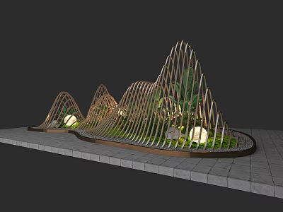 Curved Wave Like Garden Ornament With Green Plants Round Lights And Stone Base 3d model