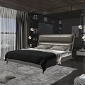 Double Bed With Beige Leather Headboard Black Quilt White Pillows Nightstands Lamps Beige Curtains Mirror