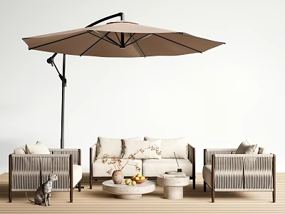 Modern Outdoor Sofa Set with Rattan Armchairs Umbrella and Coffee Table 3d model
