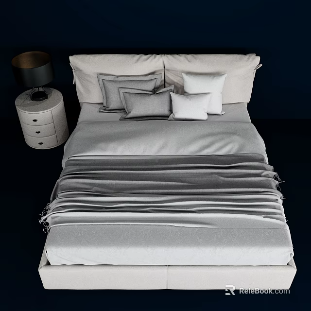 Minimalist Double Bed Interior with Gray Bedding Multiple Pillows and Bedside Table Lamp 3d model