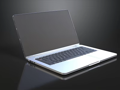 Modern Open Silver Laptop With Black Screen On Glossy Surface 3d model