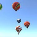 Colorful Hot Air Balloons As Amusement Rides Flying In Clear Blue Sky