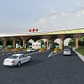 Modern Toll Plaza Structural Design With Canopy Lanes And Passing Vehicles