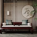 Traditional Chinese Luohan Bed With Wooden Frame Blue Cushions And Decorative Screen