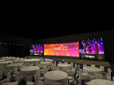 2025 New Product Launch Event Stage With Large Screens And Round Tables Setup 3d model