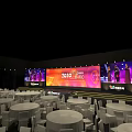 2025 New Product Launch Event Stage With Large Screens And Round Tables Setup
