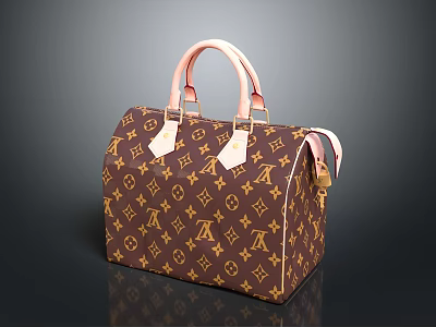 Structured Brown Leather Handbag With Gold Pattern And Pink Handles 3d model