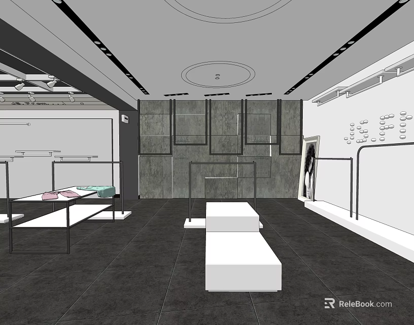 Modern Clothing Store Interior With Display Racks Mannequin Ceiling Lights And Stylish Floor 3d model 