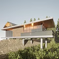 Modern Detached Villa With Wooden Roof Large Glass Windows And Water Reflection