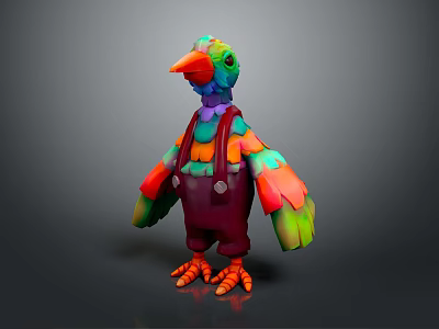 Colorful Cartoon Bird Game and Movie Character With Rainbow Feathers Red Overalls and Green Eyes 3d model