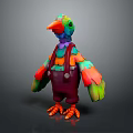 Colorful Cartoon Bird Game and Movie Character With Rainbow Feathers Red Overalls and Green Eyes