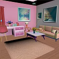 Cartoon Style Living Room With Pink Walls Red Chair Sofa Coffee Table And Wooden Floor