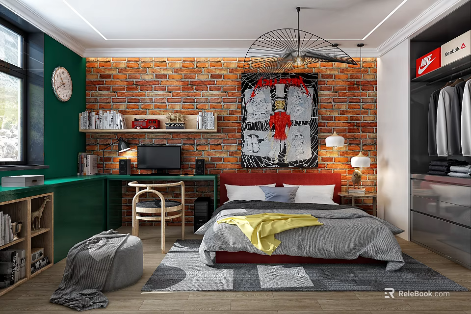 Kids Room Interior With Red Brick Wall Gray Yellow Quilt Desk Chair And Decorative Poster 3d model 