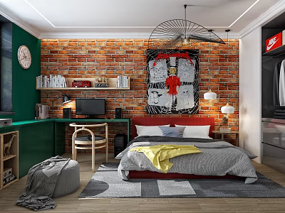 Kids Room Interior With Red Brick Wall Gray Yellow Quilt Desk Chair And Decorative Poster 3d model