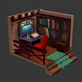Cozy Reading Nook Interior With Wooden Desk Red Chair Colorful Bookshelves And Green Steps