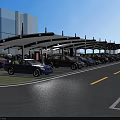 Modern Parking Lot With Canopy Structure Parked Cars And Modern Building