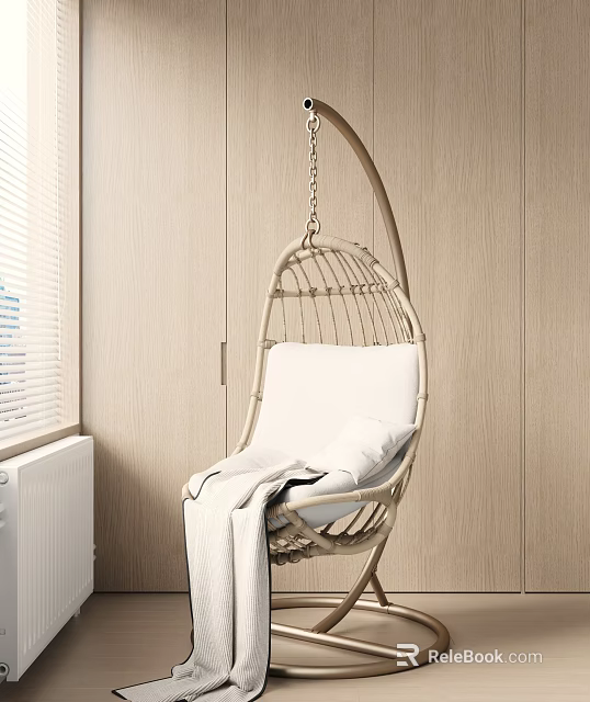 Wicker Hanging Chair With White Cushion And Blanket Near Window Indoor 3d model 