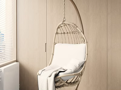 Wicker Hanging Chair With White Cushion And Blanket Near Window Indoor 3d model