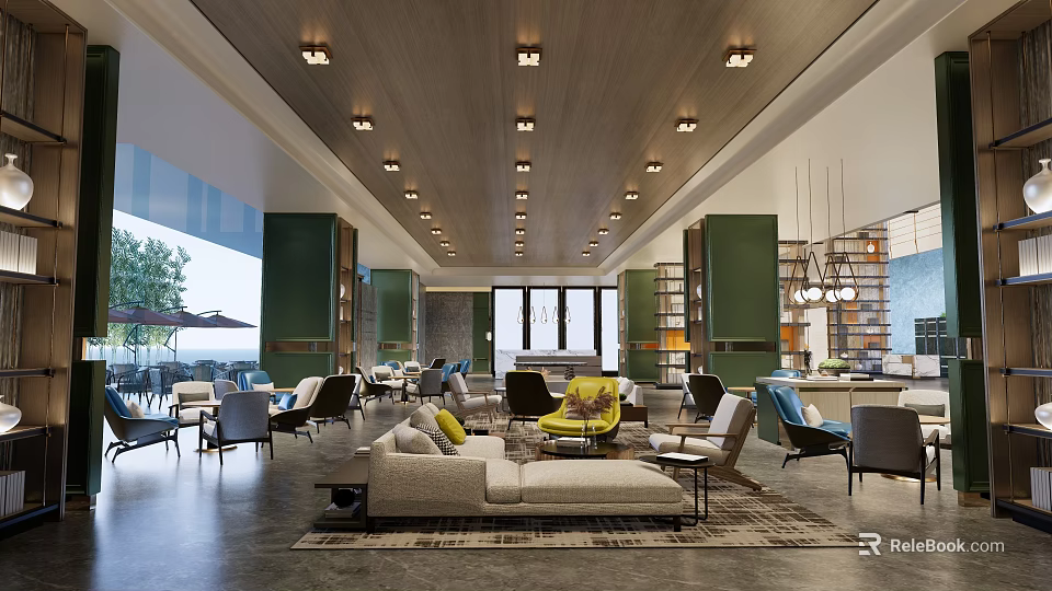 Modern Hotel Lobby Interior With Ceiling Lights Green Walls And Comfortable Sofas 3d model