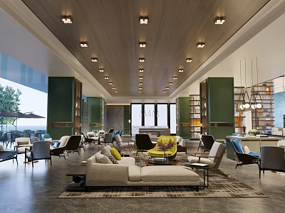 Modern Hotel Lobby Interior With Ceiling Lights Green Walls And Comfortable Sofas 3d model