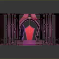 Purple And Pink Architectural Structure With Red Shield Shape Steps Black Stools And Arched Entrance