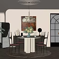 Elegant Restaurant Interior Featuring Round Marble Dining Table Flowers Chairs Pendant Light And Decorative Painting