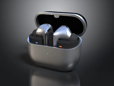 Modern Wireless Earbuds For Computer With Silver Charging Case And Open Lid Design 3d model