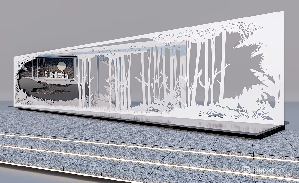 Modern Feature Wall With Hollow Tree Patterns And Illuminated Decorative Steps 3d model 
