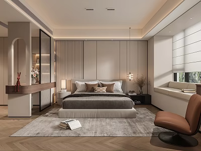 Modern Bedroom Interior With Gray Bedding Multiple Pillows Rug Brown Chair And Soft Lighting 3d model