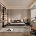 Modern Bedroom Interior With Gray Bedding Multiple Pillows Rug Brown Chair And Soft Lighting