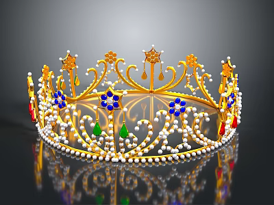 Ornate Golden Crown With Intricate Filigree Colored Gemstones And Pearls 3d model