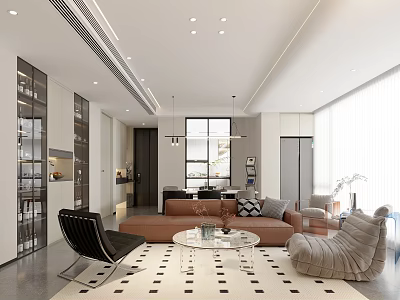 Modern Living Dining Room Open Layout Design With Sofa Coffee Table Dining Set And Floor to Ceiling Windows 3d model