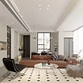 Modern Living Dining Room Open Layout Design With Sofa Coffee Table Dining Set And Floor to Ceiling Windows
