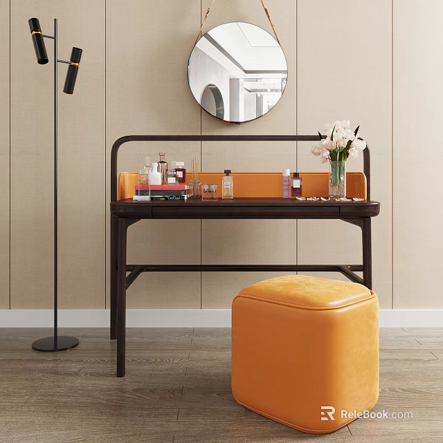 Modern Elegant Vanity Table Design With Round Mirror Orange Stool And Cosmetic Bottles 3d model 