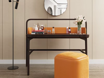 Modern Elegant Vanity Table Design With Round Mirror Orange Stool And Cosmetic Bottles 3d model