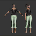 Woman In Black Top Light Green Cropped Pants Sandals And Different Hairstyles Front Side Views