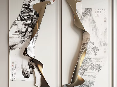 Elegant Modern Wall Decor With Gold Metal Curved Accents And Chinese Landscape Art 3d model