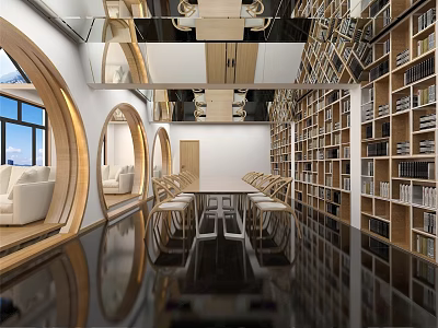 Elegant Modern Book Art Interior With Circular Windows White Sofas Long Table And Reflective Floor 3d model
