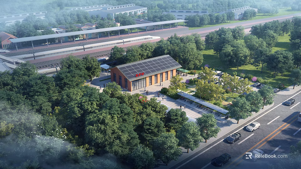 Modern Train Station Exterior With Solar Panel Roof And Green Trees Surroundings 3d model 