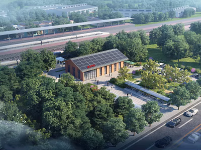 Modern Train Station Exterior With Solar Panel Roof And Green Trees Surroundings 3d model