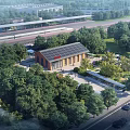 Modern Train Station Exterior With Solar Panel Roof And Green Trees Surroundings