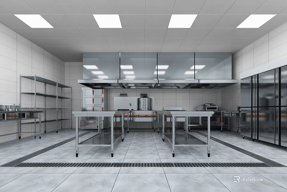 Commercial Kitchen With Stainless Steel Worktables Metal Shelves Refrigeration Units And Ceiling Lighting 3d model 