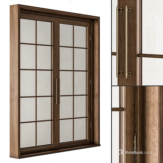 Stylish Wooden Double Doors With Glass Panels And Metal Handles Design 3d model 