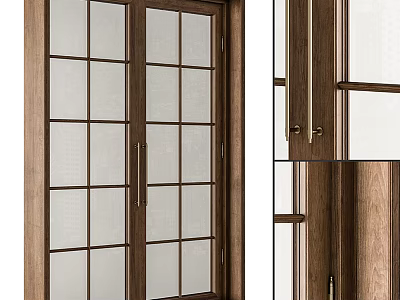 Stylish Wooden Double Doors With Glass Panels And Metal Handles Design 3d model